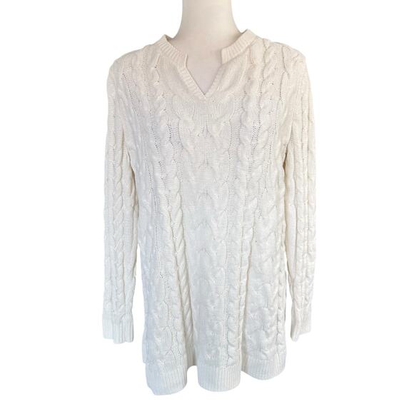 J Jill Split Neck Ivory Cable Knit Chenille Tunic Women’s L Coastal Preppy Prep - Picture 1 of 11